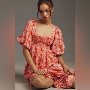 Anthropologie Short-Sleeve Smocked Babydoll Midi Dress